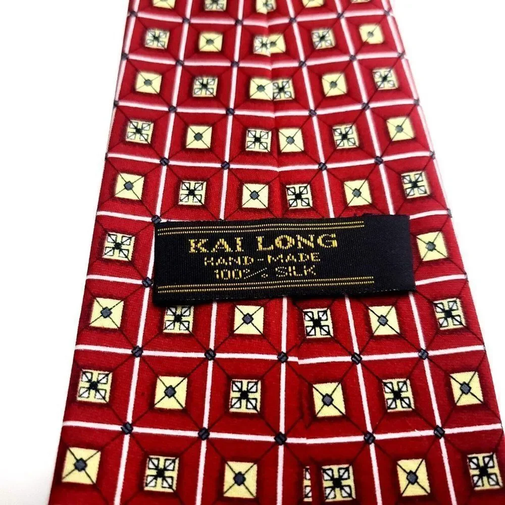 Kai Long Handmade Silk Tie‎ Print Red Geometric